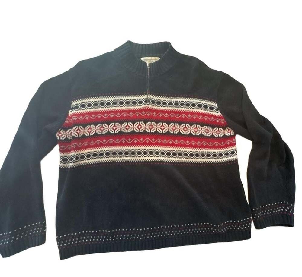 Jones New York Sport Petite Black and Red Nordic Pattern Half-Zip Knit Sweater p